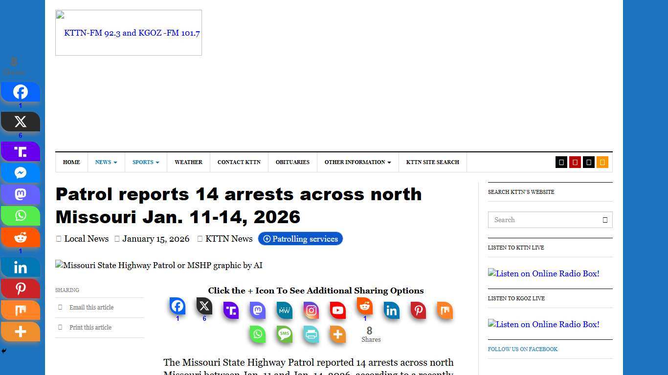 Patrol reports 14 arrests across north Missouri Jan. 11-14, 2026
