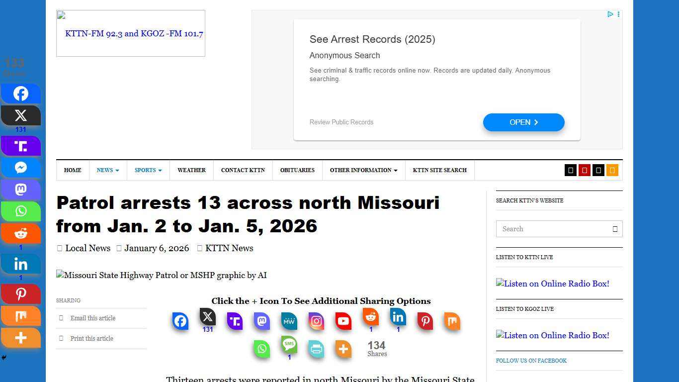 Patrol arrests 13 across north Missouri from Jan. 2 to Jan. 5, 2026