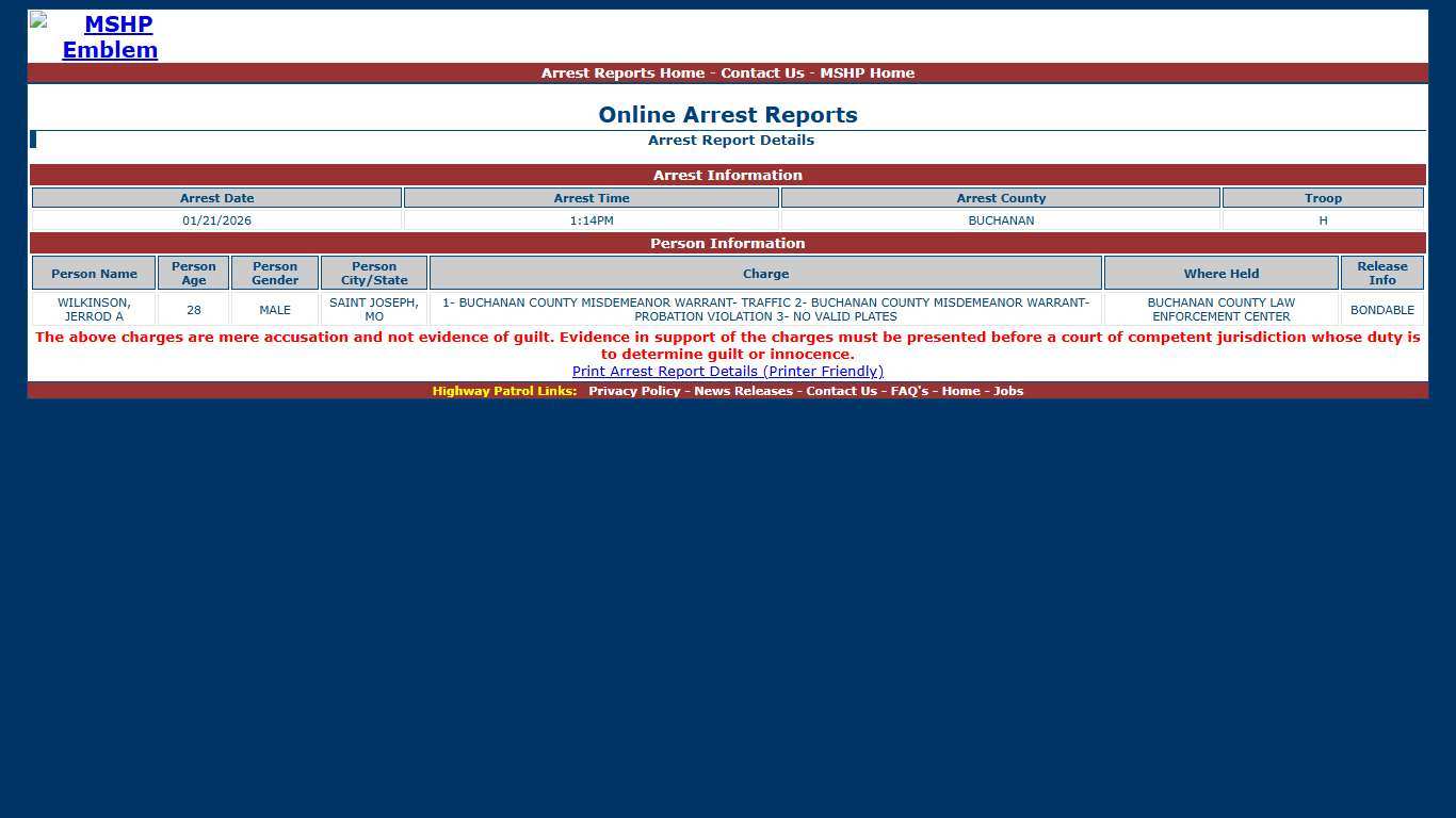 Missouri State Highway Patrol - Arrest Report Details